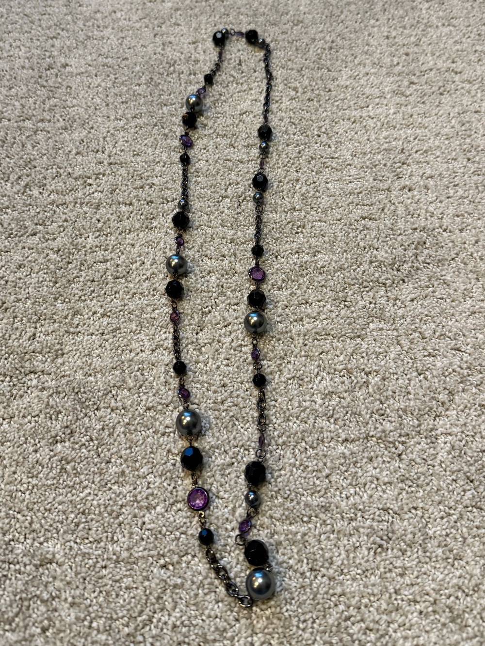 Long Beaded Necklace with Black and Purple Accents